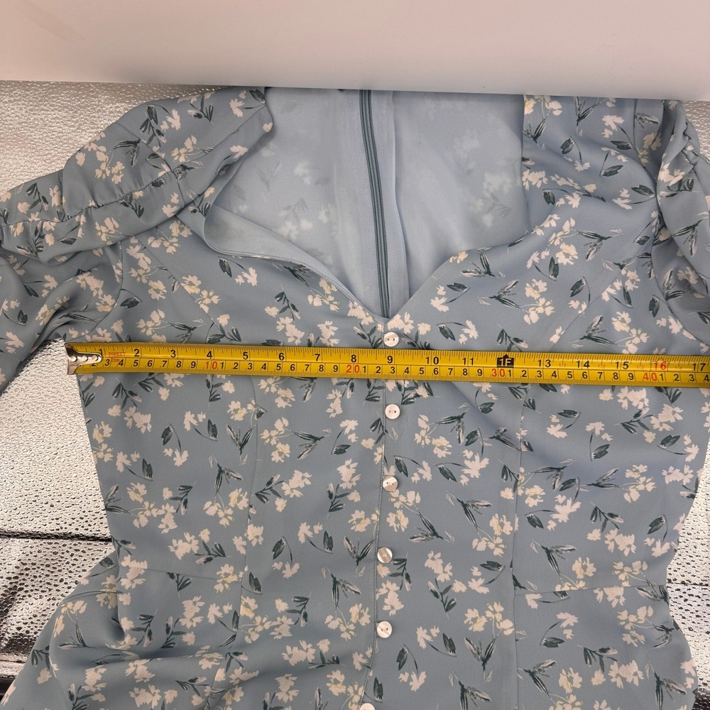 Forest Lily Blue Floral V-Neck Fit Flare Mini Dress Puff Sleeve Women Size 6 - Picture 6 of 7